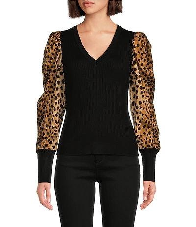 DKNY by Donna Karan Knit Mix Media Cheetah Print Puff Long Sleeve Top