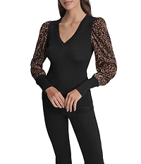 DKNY by Donna Karan Knit Mix Media Cheetah Print Puff Long Sleeve Top
