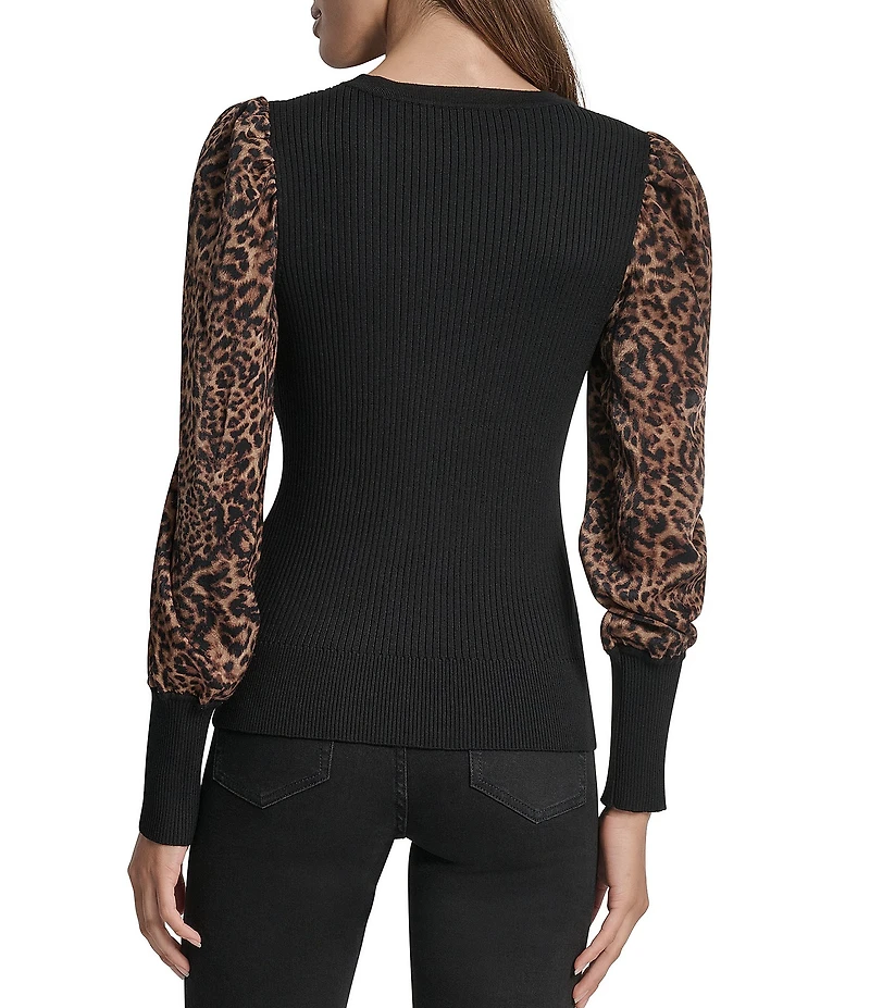 DKNY by Donna Karan Knit Mix Media Cheetah Print Puff Long Sleeve Top