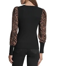 DKNY by Donna Karan Knit Mix Media Cheetah Print Puff Long Sleeve Top
