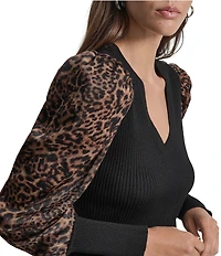 DKNY by Donna Karan Knit Mix Media Cheetah Print Puff Long Sleeve Top