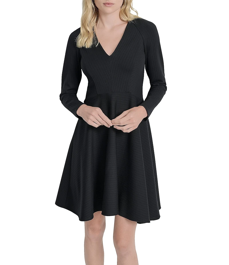 DKNY by Donna Karan Knit Rib V-Neck Long Sleeve Fit And Flare Dress