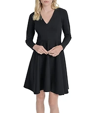DKNY by Donna Karan Knit Rib V-Neck Long Sleeve Fit And Flare Dress