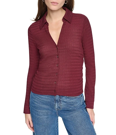 DKNY by Donna Karan Knit Ripple Lace Spread Collar Long Sleeve Shirt