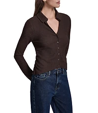 DKNY by Donna Karan Knit Ripple Lace Spread Collar Long Sleeve Shirt