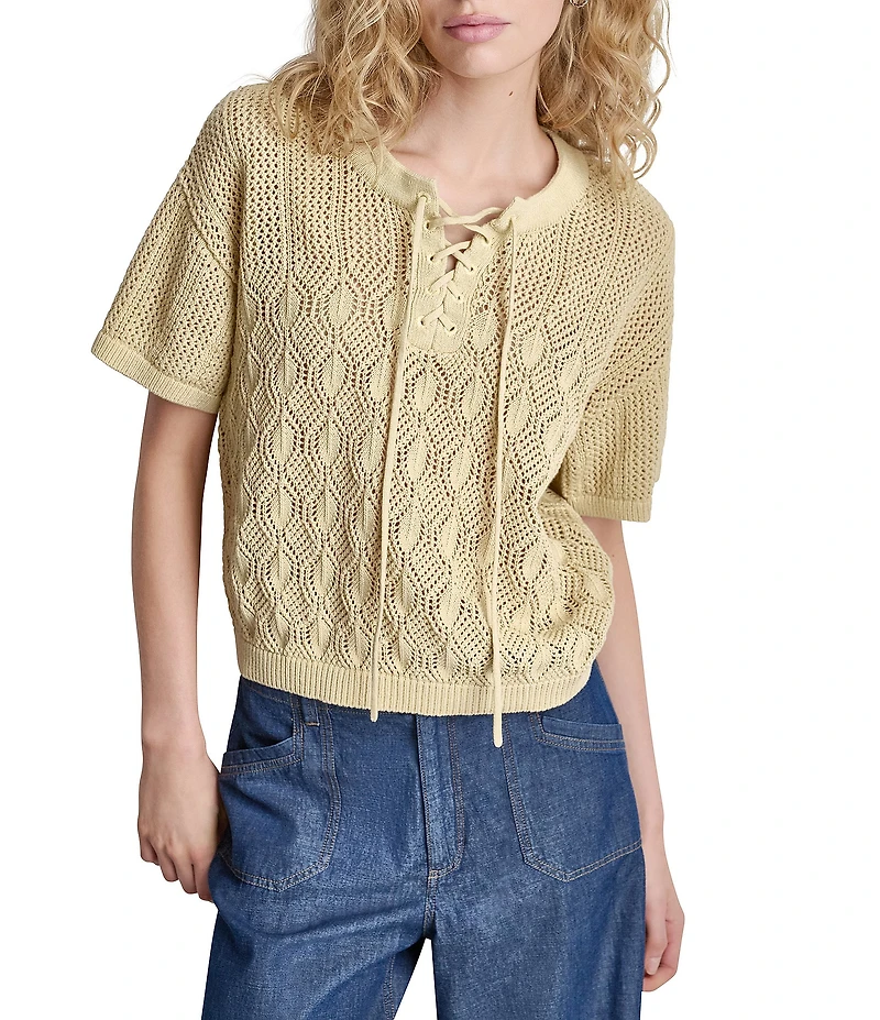 DKNY by Donna Karan Lace Up Front Crew Neck Short Sleeve Top