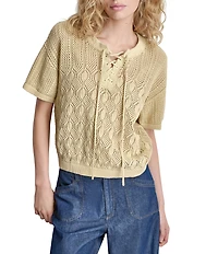 DKNY by Donna Karan Lace Up Front Crew Neck Short Sleeve Top