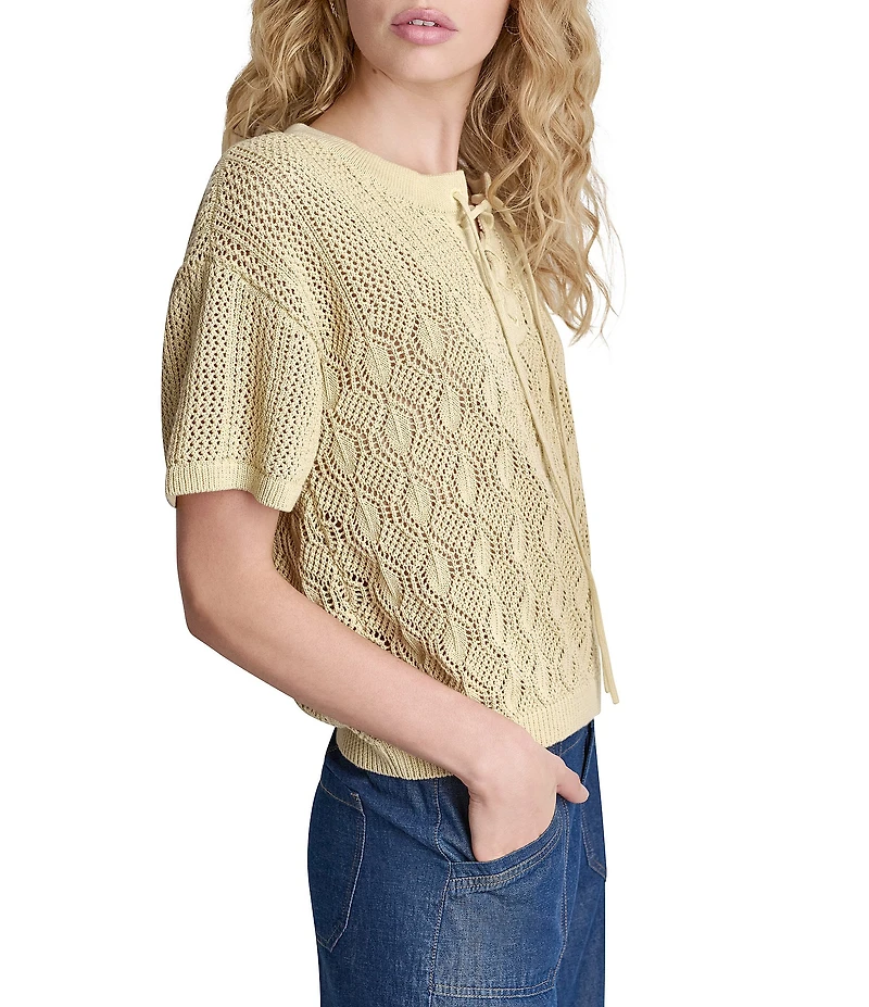 DKNY by Donna Karan Lace Up Front Crew Neck Short Sleeve Top