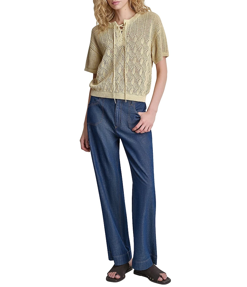 DKNY by Donna Karan Lace Up Front Crew Neck Short Sleeve Top