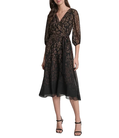 DKNY by Donna Karan Leopard Print Chiffon 3/4 Balloon Sleeve Faux Wrap Midi Dress