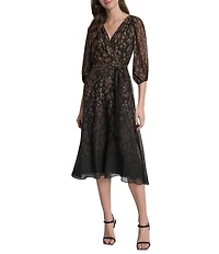 DKNY by Donna Karan Leopard Print Chiffon 3/4 Balloon Sleeve Faux Wrap Midi Dress