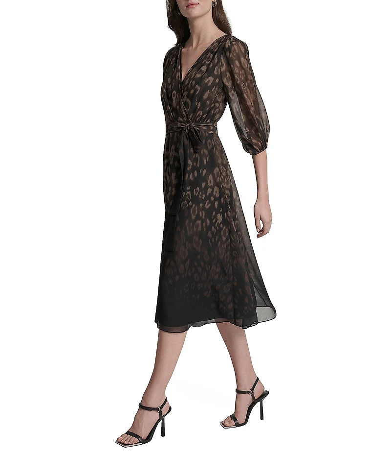 DKNY by Donna Karan Leopard Print Chiffon 3/4 Balloon Sleeve Faux Wrap Midi Dress
