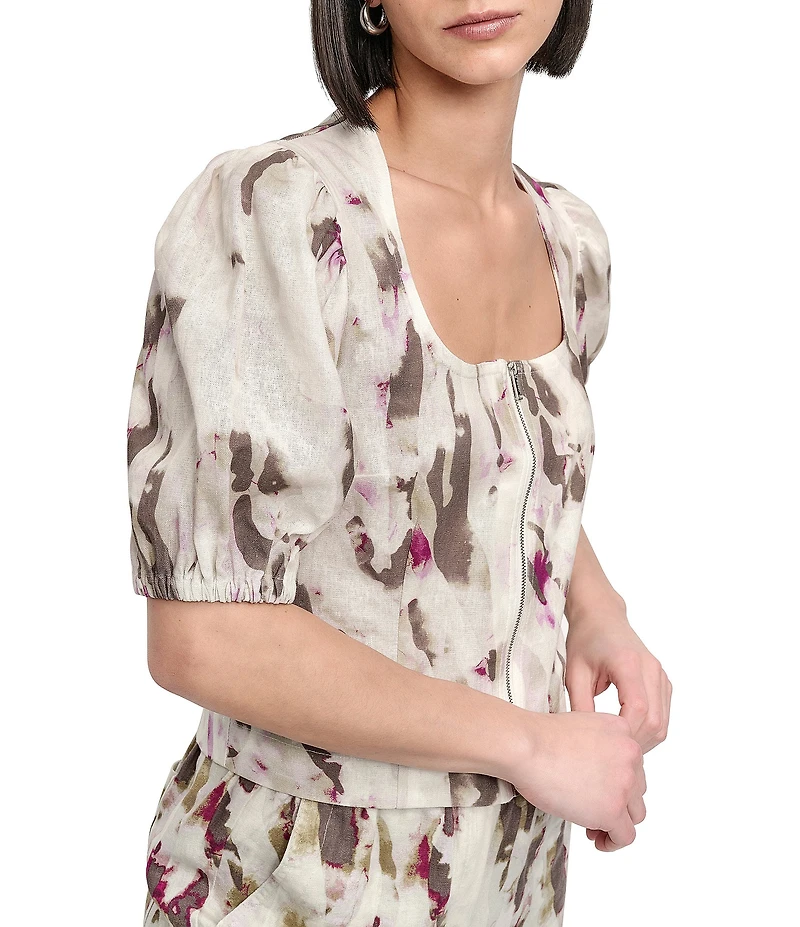 DKNY by Donna Karan Linen Blend Scoop Neck Puff Sleeve Zip Front Blouse