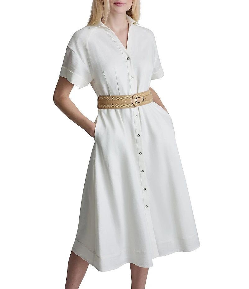 DKNY By Donna Karan Linen Button Down Midi Shirtdress