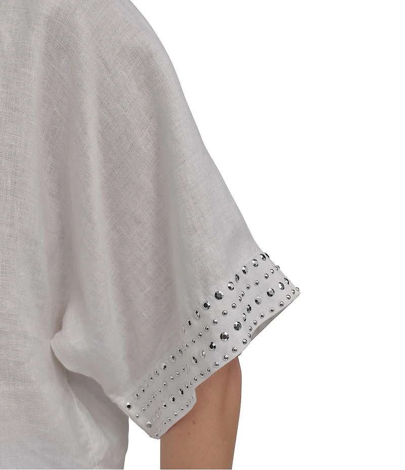 DKNY by Donna Karan Linen Crew Neck Studded Short Sleeve Boxy top