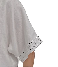 DKNY by Donna Karan Linen Crew Neck Studded Short Sleeve Boxy top