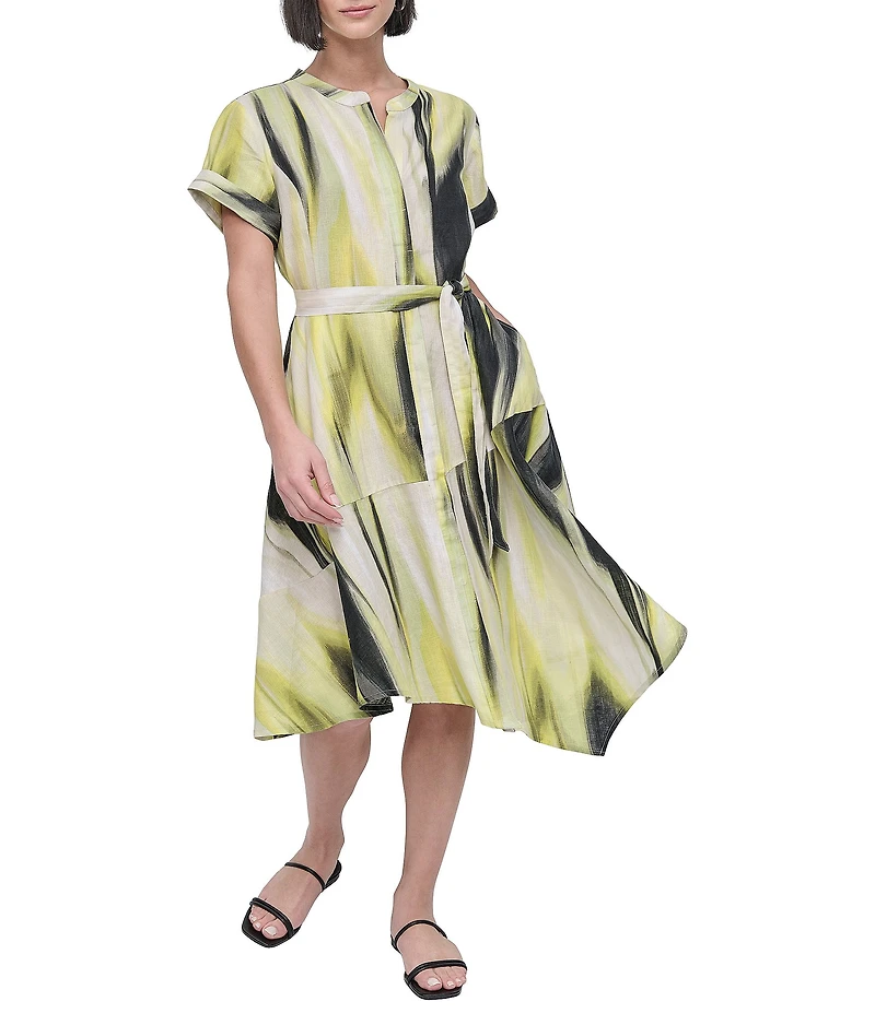 DKNY by Donna Karan Linen Short Sleeve Tie Waist Dress