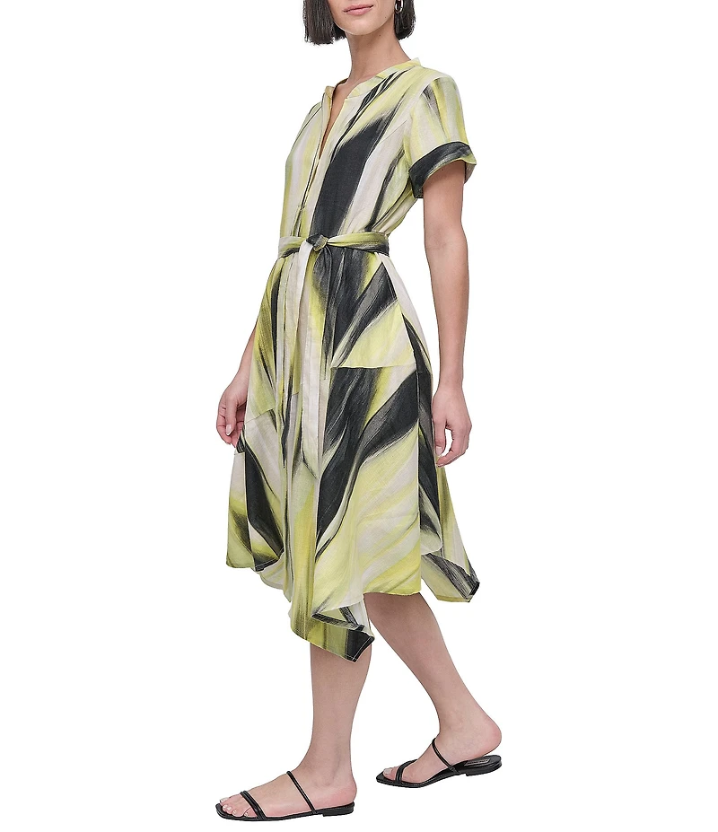 DKNY by Donna Karan Linen Short Sleeve Tie Waist Dress