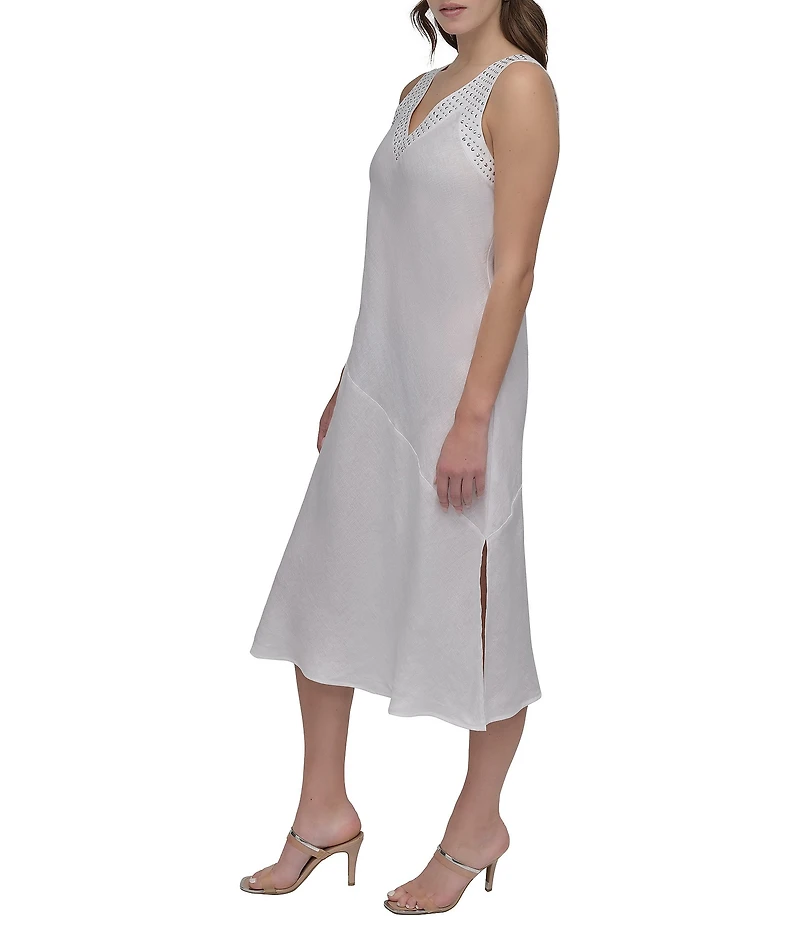 DKNY by Donna Karan Linen Studded V-Neck Sleeveless Midi Dress