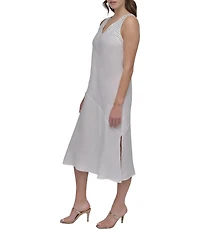 DKNY by Donna Karan Linen Studded V-Neck Sleeveless Midi Dress