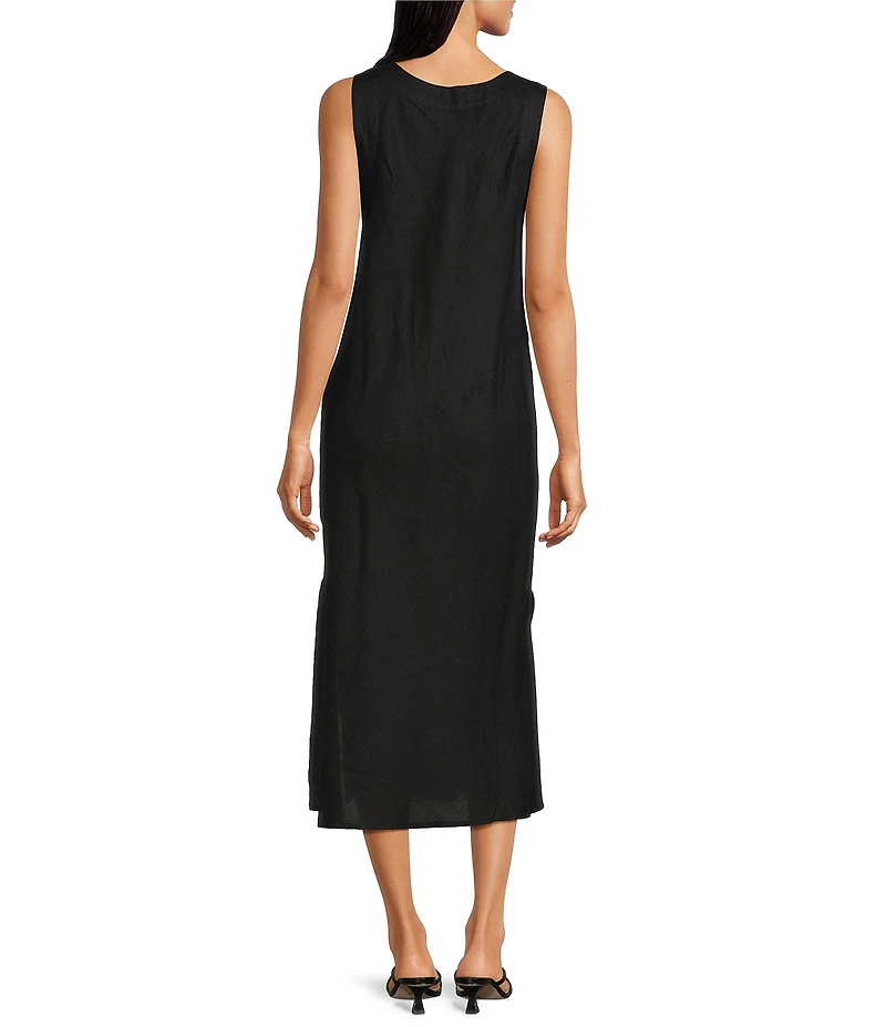 DKNY by Donna Karan Linen Studded V-Neck Sleeveless Midi Dress