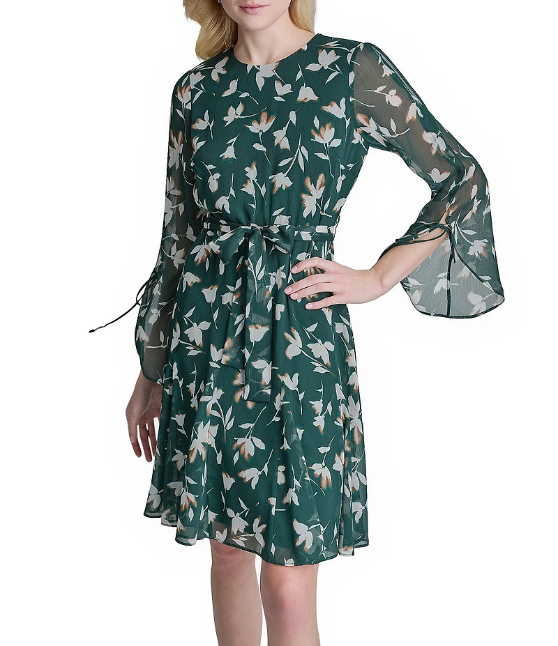 DKNY By Donna Karan 3/4 Sleeve Crew Neck Floral Print Fit & Flare Dress