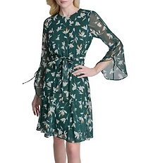 DKNY By Donna Karan 3/4 Sleeve Crew Neck Floral Print Fit & Flare Dress