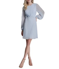 DKNY by Donna Karan Long Sleeve Jewel Neck Pleated Knee Length Dress