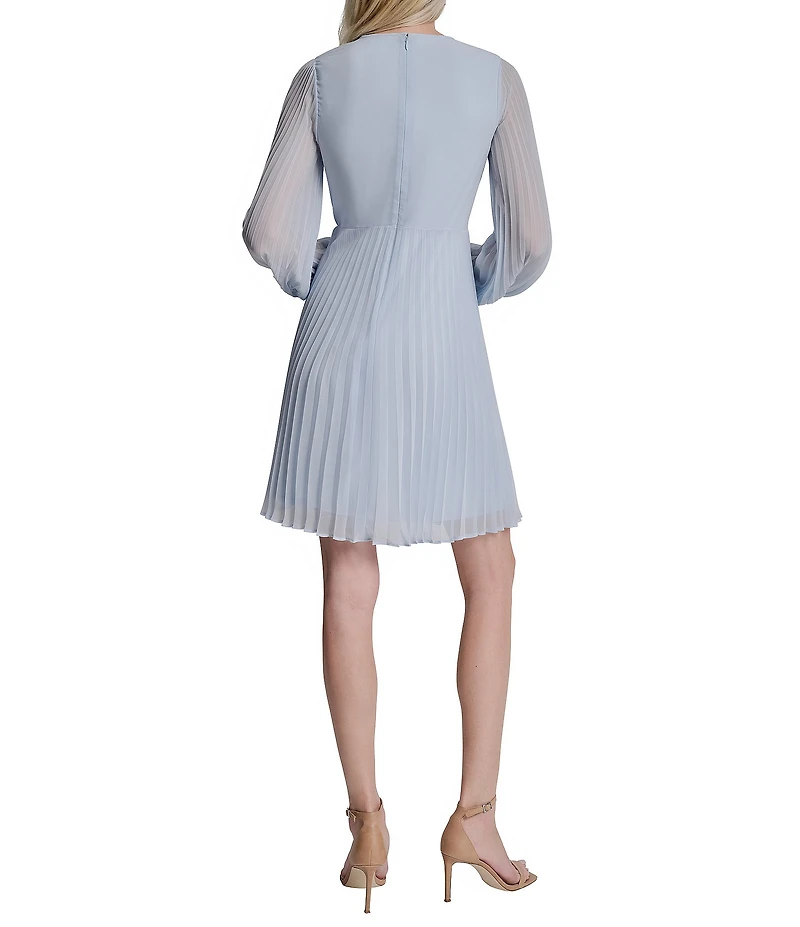 DKNY by Donna Karan Long Sleeve Jewel Neck Pleated Knee Length Dress