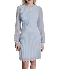 DKNY by Donna Karan Long Sleeve Jewel Neck Pleated Knee Length Dress