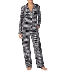 DKNY by Donna Karan Long Sleeve Notch Collar Jersey Knit Check Print Long Pajama Set