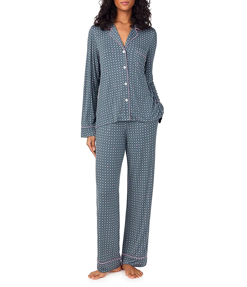 DKNY by Donna Karan Long Sleeve Notch Collar Jersey Knit Geo Print Long Pajama Set