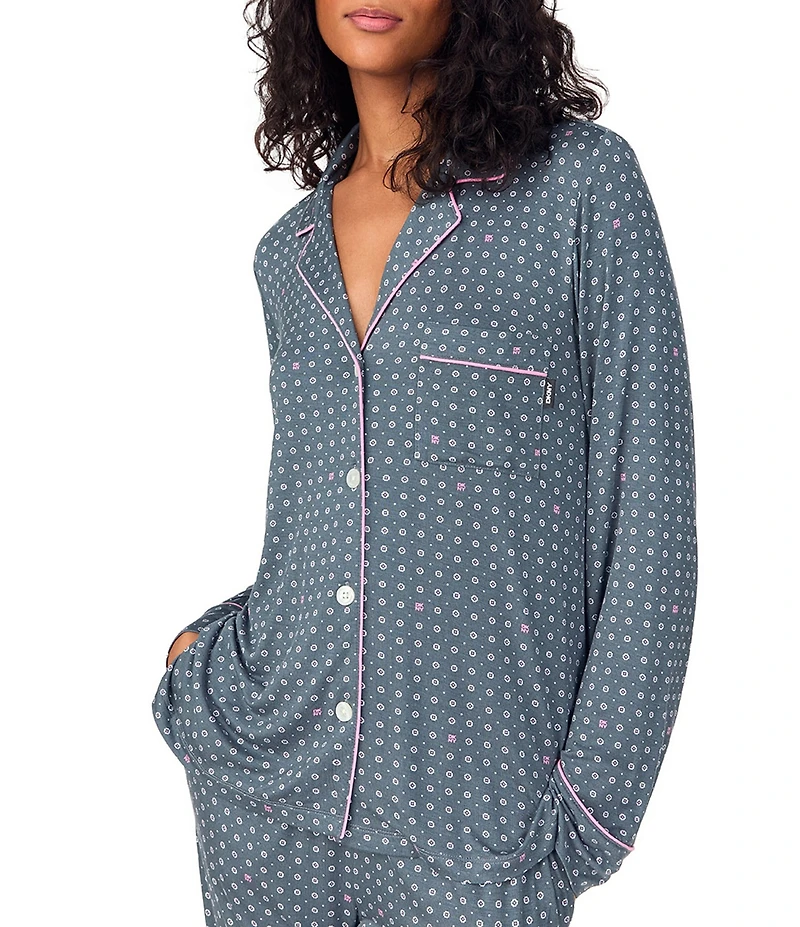 DKNY by Donna Karan Long Sleeve Notch Collar Jersey Knit Geo Print Long Pajama Set