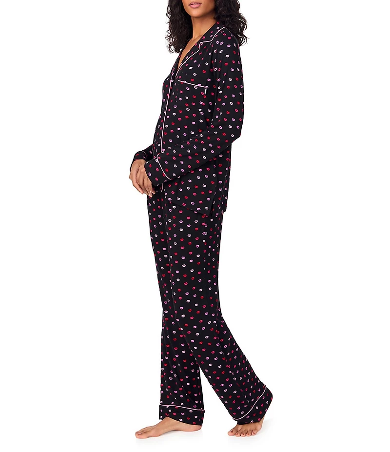 DKNY by Donna Karan Long Sleeve Notch Collar Jersey Knit Lip Print Long Pajama Set