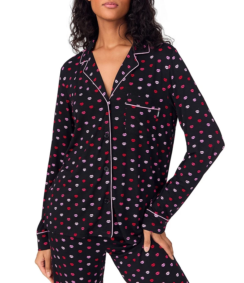 DKNY by Donna Karan Long Sleeve Notch Collar Jersey Knit Lip Print Long Pajama Set