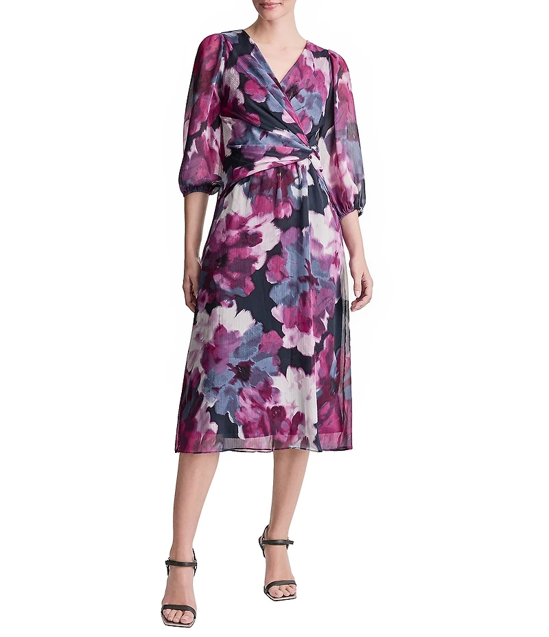 DKNY By Donna Karan Long Sleeve Surplice Neck Fit And Flare Chiffon Midi Dress
