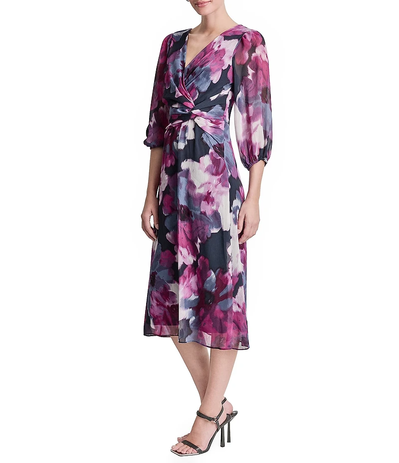 DKNY By Donna Karan Long Sleeve Surplice Neck Fit And Flare Chiffon Midi Dress