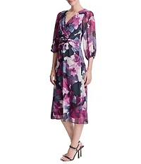 DKNY By Donna Karan Long Sleeve Surplice Neck Fit And Flare Chiffon Midi Dress