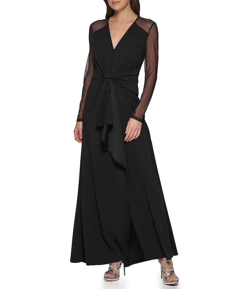 DKNY By Donna Karan Long Sleeve V Neck Mesh Long Dress
