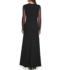 DKNY By Donna Karan Long Sleeve V Neck Mesh Long Dress