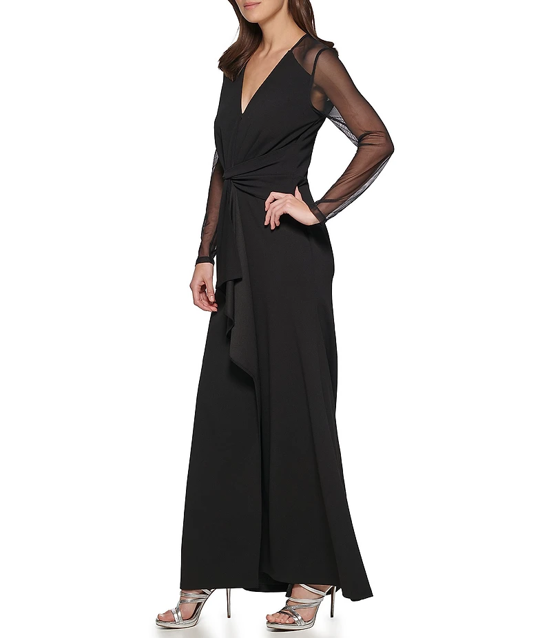 DKNY By Donna Karan Long Sleeve V Neck Mesh Long Dress