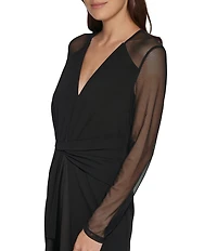 DKNY By Donna Karan Long Sleeve V Neck Mesh Long Dress