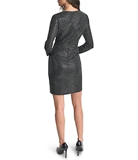 DKNY by Donna Karan Lurex Sequin Metallic Surplice Neck Long Sleeve Faux Wrap Dress