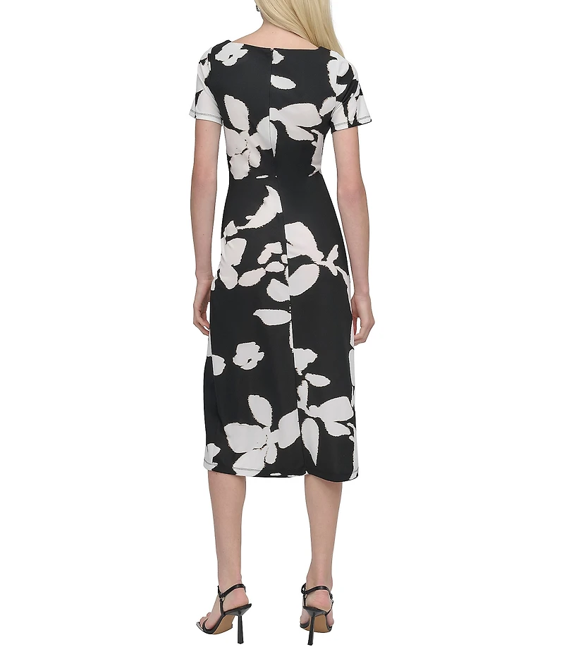 DKNY by Donna Karan Matte Jersey Floral Print Boat Neck Short Sleeve Twist Front Sheath Midi Dress