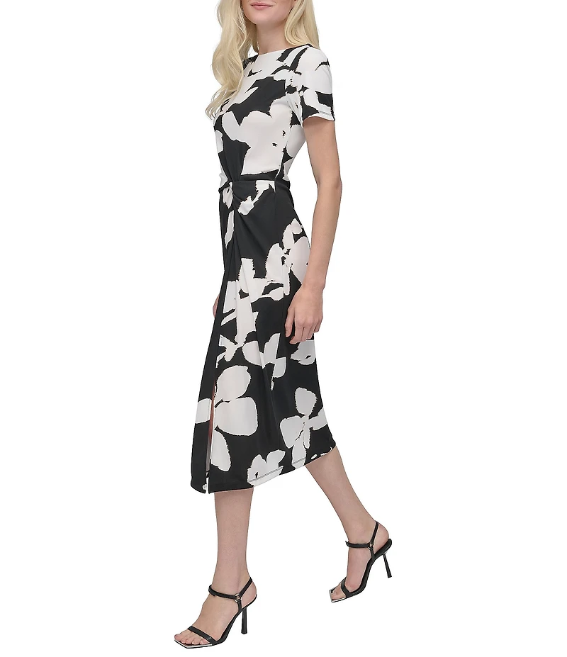 DKNY by Donna Karan Matte Jersey Floral Print Boat Neck Short Sleeve Twist Front Sheath Midi Dress