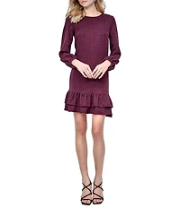 DKNY by Donna Karan Melange Washer Long Bubble Sleeve Ruffle Hem Dress