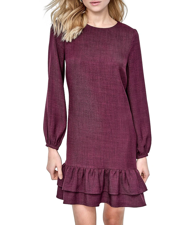 DKNY by Donna Karan Melange Washer Long Bubble Sleeve Ruffle Hem Dress