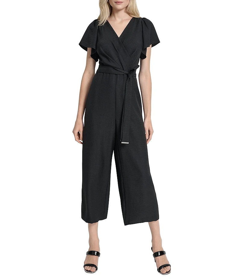 DKNY by Donna Karan Melange Washer Surplice Neck Short Flutter Sleeve Cropped Wide Leg Jumpsuit