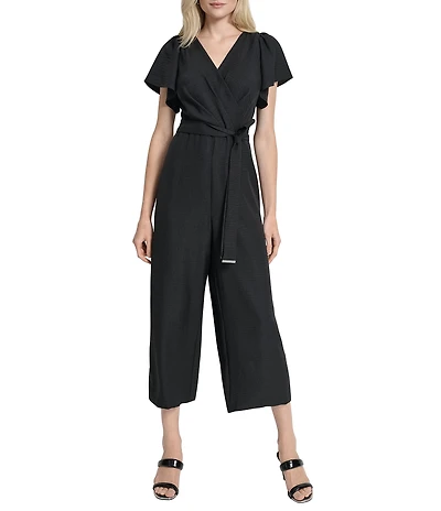 DKNY by Donna Karan Melange Washer Surplice Neck Short Flutter Sleeve Cropped Wide Leg Jumpsuit