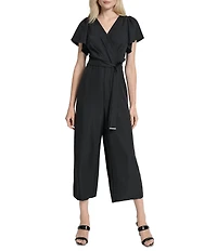 DKNY by Donna Karan Melange Washer Surplice Neck Short Flutter Sleeve Cropped Wide Leg Jumpsuit